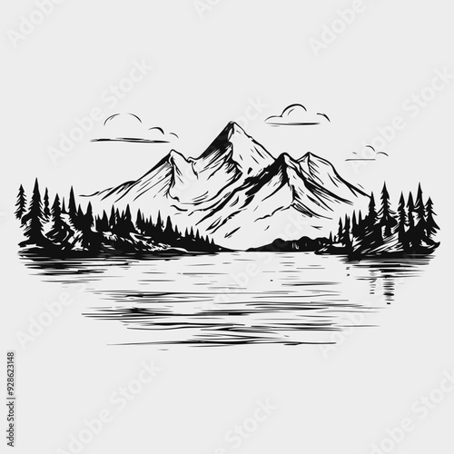 Landscape with mountains and lake sketched illustration