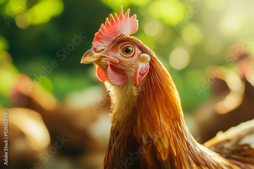 Portrait of Isa brown hen on green bokeh.  photo