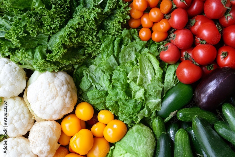 A vibrant assortment of fresh vegetables, including lettuce, tomatoes, and cucumbers, arranged together. Perfect for healthy eating, organic produce, or farm-to-table concepts. A vibrant assortment of fresh vegetables, including lettuce, tomatoes, and cucumbers, arranged together. Perfect for healthy eating, organic produce, or farm-to-table concepts.