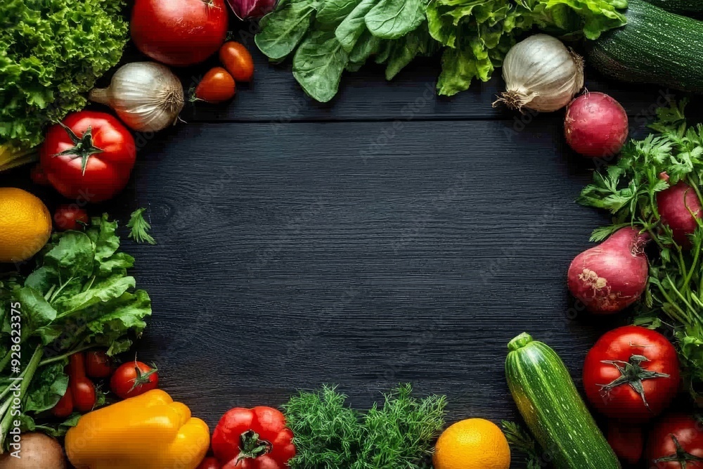 Fresh vegetables arranged around a black wooden background, ideal for culinary, organic, or farm-to-table themes. Fresh vegetables arranged around a black wooden background, ideal for culinary, organic, or farm-to-table themes.