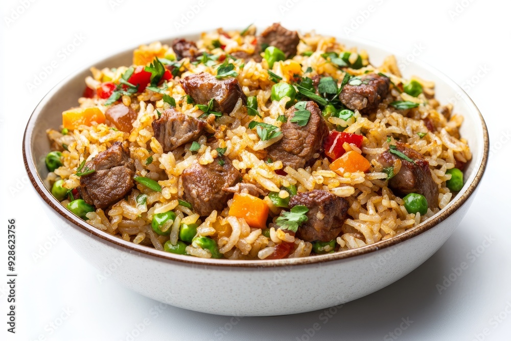 Mutton Fried Rice,Made with tender pieces of mutton, this fried rice is rich and flavorful, often spiced with turmeric, ginger, and coriander. isolated on white background Mutton Fried Rice,Made with tender pieces of mutton, this fried rice is rich and flavorful, often spiced with turmeric, ginger, and coriander. isolated on white background