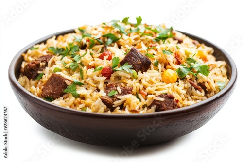 Mutton Fried Rice,Made with tender pieces of mutton, this fried rice is rich and flavorful, often spiced with turmeric, ginger, and coriander. isolated on white background