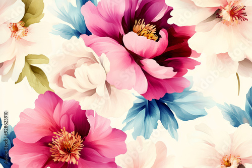 Watercolor flowers background. A vibrant floral pattern featuring large blossoms in shades of pink, white, and purple on a soft background. Perfect for textile designs and spring themes.