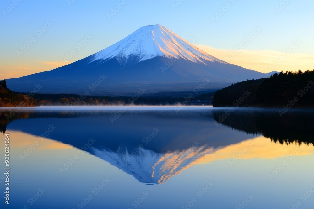 A stunning sunrise view of Mount Fuji reflected in a calm lake, with soft morning light illuminating the scene. Perfect for travel and nature photography.