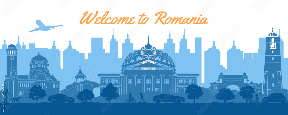 Romania famous landmarks in the city and park by silhouette style,vector illustration Romania famous landmarks in the city and park by silhouette style,vector illustration