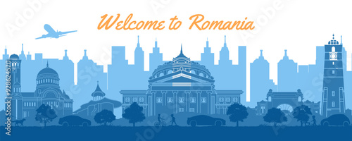 Romania famous landmarks in the city and park by silhouette style,vector illustration