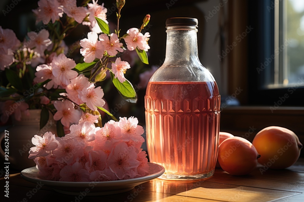Delicious bottle of kombucha and peach, generative IA Delicious bottle of kombucha and peach, generative IA
