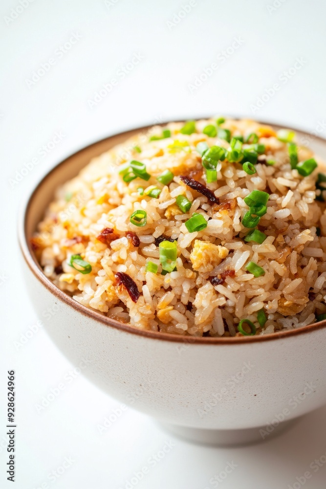 Village Fried Rice, This traditional fried rice is often made with basic ingredients such as garlic, shallots, chilies, and kecap manis (sweet soy sauce), isolated on white background Village Fried Rice, This traditional fried rice is often made with basic ingredients such as garlic, shallots, chilies, and kecap manis (sweet soy sauce), isolated on white background