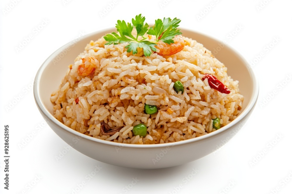 Village Fried Rice, This traditional fried rice is often made with basic ingredients such as garlic, shallots, chilies, and kecap manis (sweet soy sauce). isolated on white background Village Fried Rice, This traditional fried rice is often made with basic ingredients such as garlic, shallots, chilies, and kecap manis (sweet soy sauce). isolated on white background