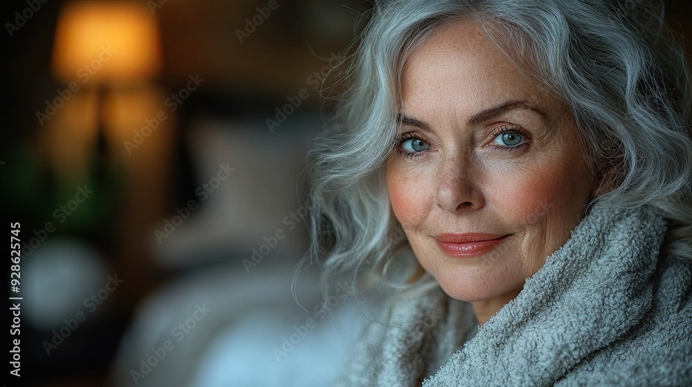 A beautiful senior woman in a bathrobe applies natural face cream as part of her morning skincare routine in the bathroom.