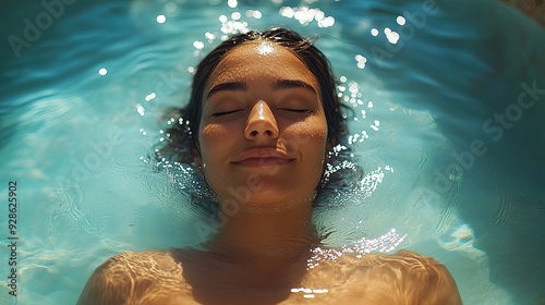 A beautiful woman is floating in a tank filled with dense salt water, which is utilized for medical therapy. photo