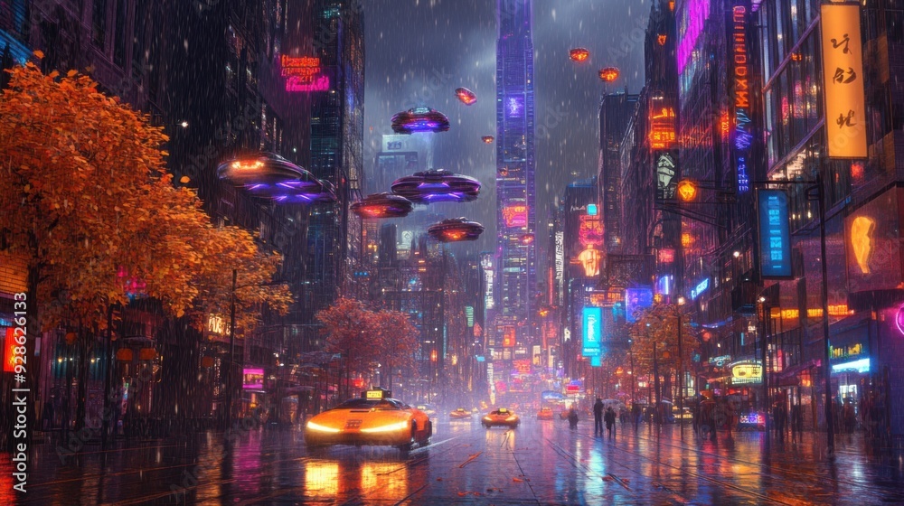 Fototapeta premium Futuristic city street at night with flying cars and vibrant neon lights.