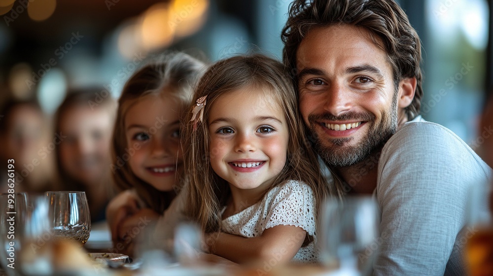 Fototapeta premium A family dinner at a restaurant features a big family with children and a small baby.