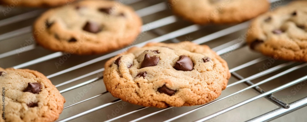 Freshly baked chocolate chip cookies cooling on a wire rack, showcasing their golden brown texture and delicious appearance. Freshly baked chocolate chip cookies cooling on a wire rack, showcasing their golden brown texture and delicious appearance.
