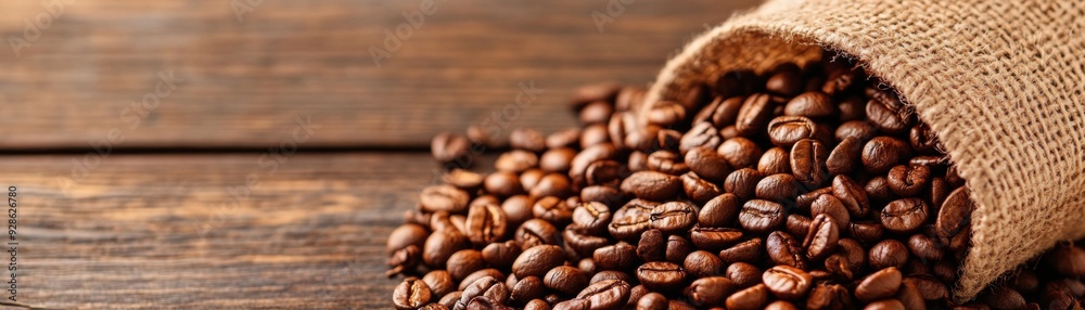 Fototapeta premium Freshly roasted coffee beans spilling from a burlap sack onto a rustic wooden surface, perfect for coffee lovers.