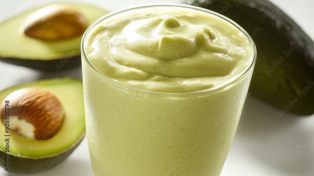 Close-up of a glass of creamy avocado smoothie with fresh avocados in the background, highlighting a healthy and delicious drink option. Close-up of a glass of creamy avocado smoothie with fresh avocados in the background, highlighting a healthy and delicious drink option.