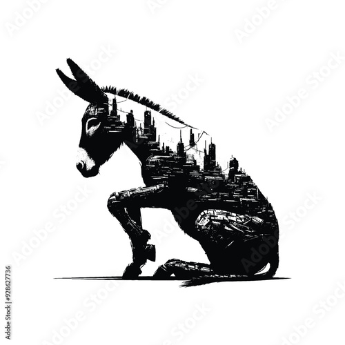 silhouette of Donkey filled with destroyed futuristic dystopia environment in rough drawing,