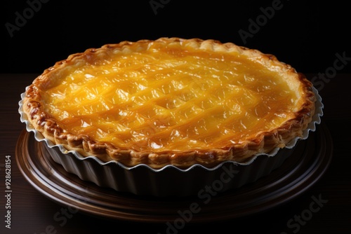 Golden Yellow Pie ??in Gray Background Plate, generative IA photo