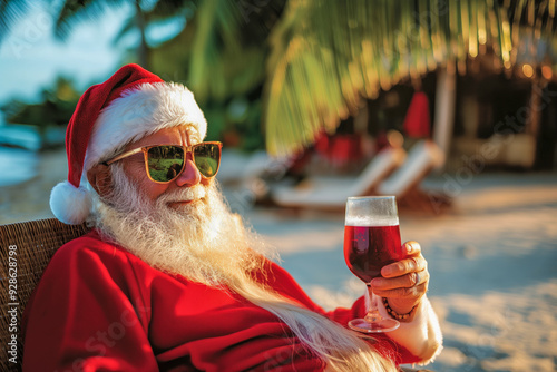 Santa Clause relax on the tropical beach and drinks beer.