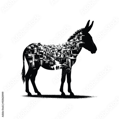 silhouette of Donkey filled with ghetto street in rough drawing,