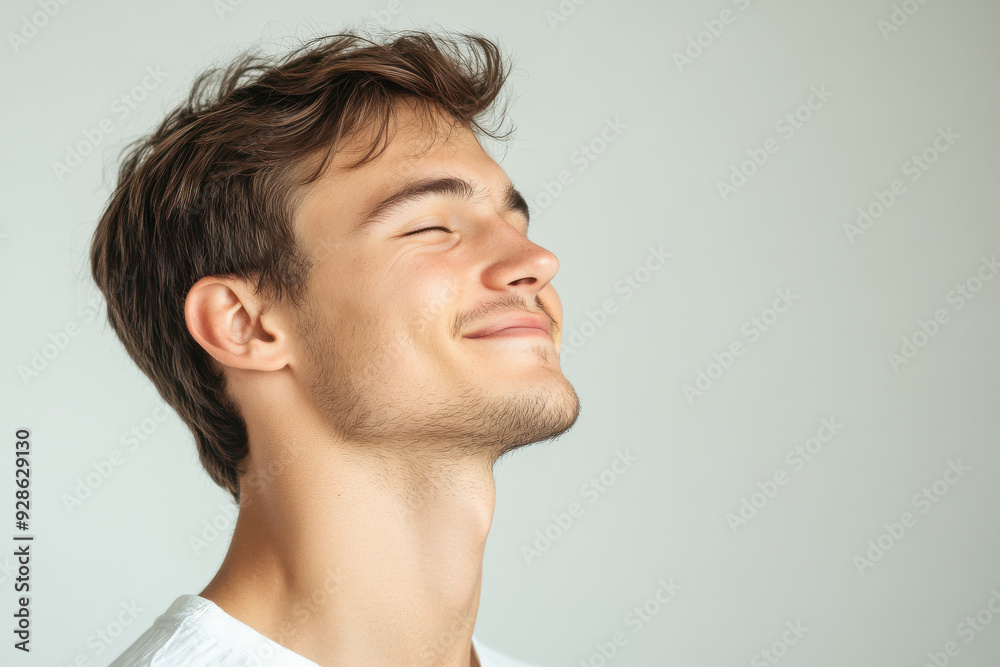 A close up of a man's face with his eyes closed