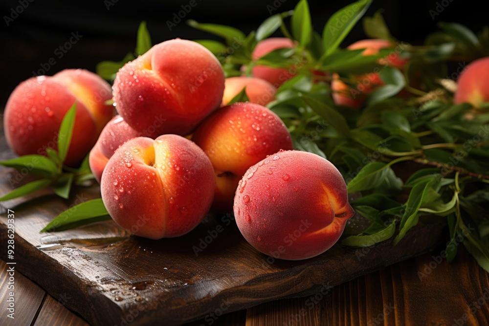Fresh peach fruits in rustic background of dark wood, upper view. Copy the space, generative IA Fresh peach fruits in rustic background of dark wood, upper view. Copy the space, generative IA