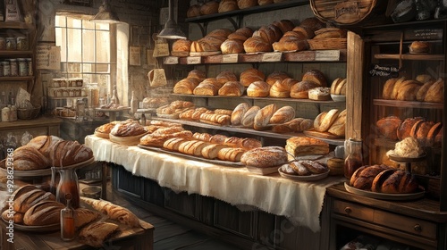 Step into a bustling bakery, where the scent of freshly baked bread and pastries fills the air.