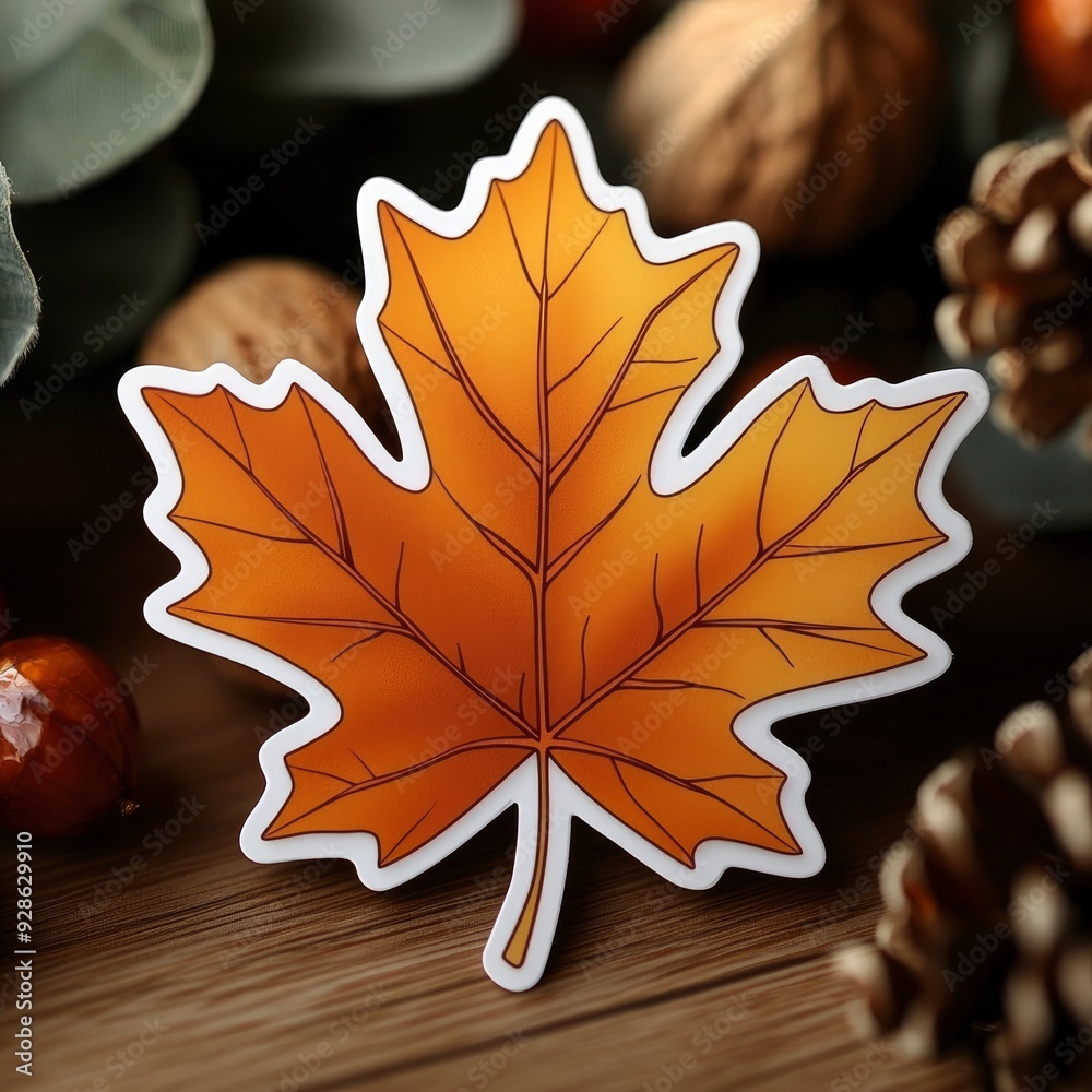 Fototapeta premium Autumn Maple Leaf Sticker on Wooden Background