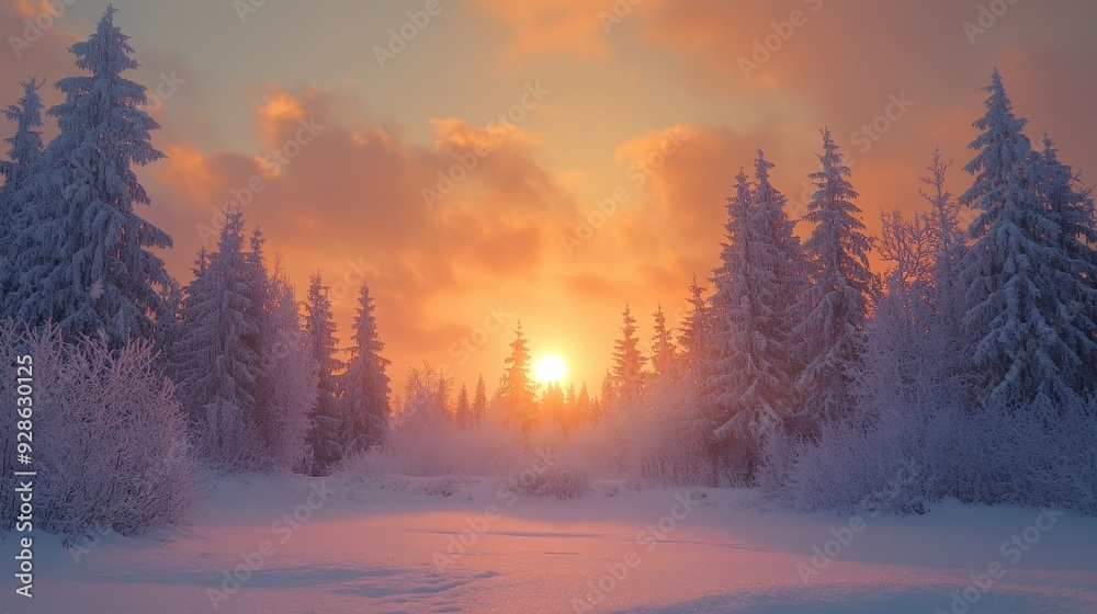 A serene winter landscape at sunrise, with snow-covered trees and a colorful sky. A serene winter landscape at sunrise, with snow-covered trees and a colorful sky.