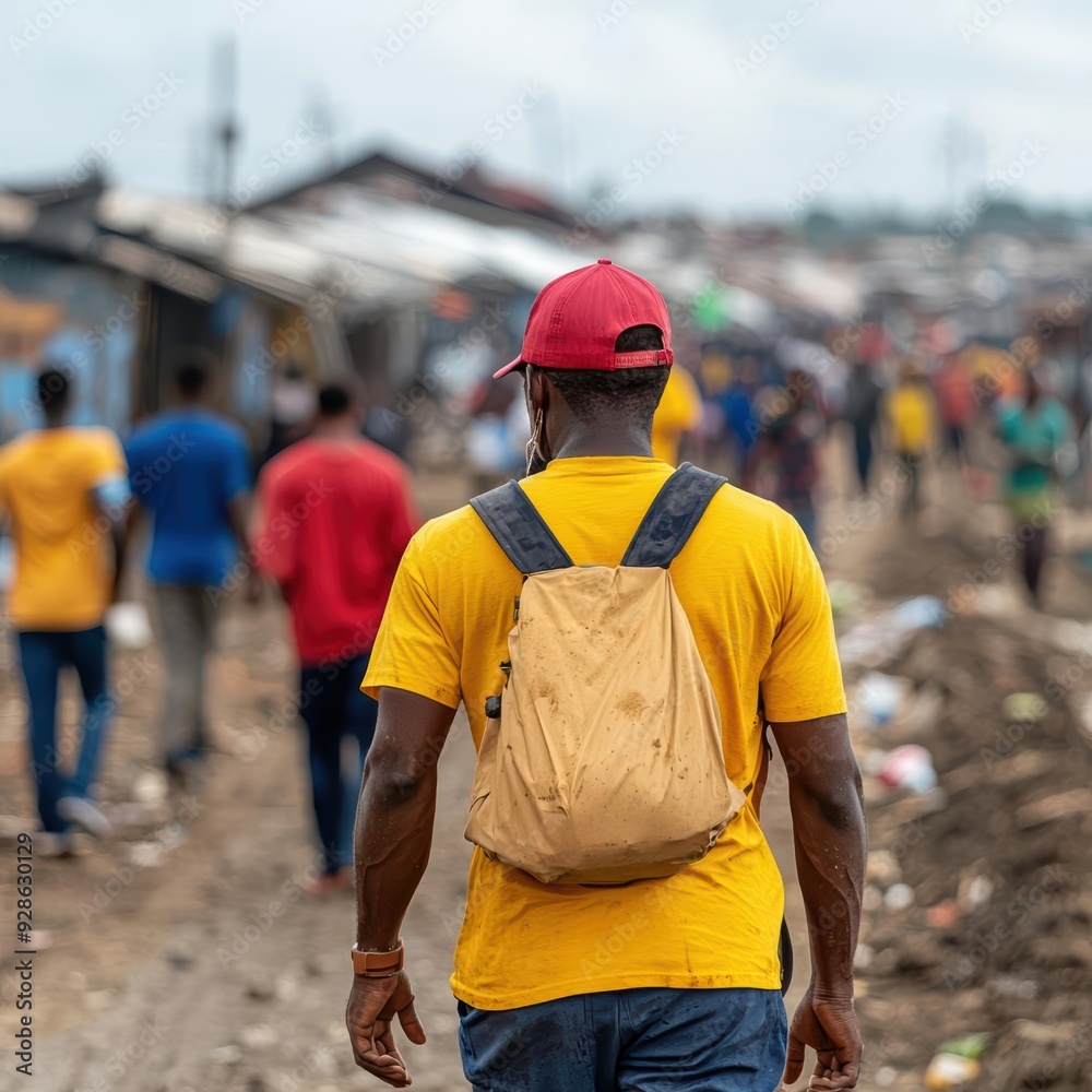 A man walks through a bustling market, wearing a yellow shirt and backpack, surrounded by a lively crowd in an urban setting. A man walks through a bustling market, wearing a yellow shirt and backpack, surrounded by a lively crowd in an urban setting.