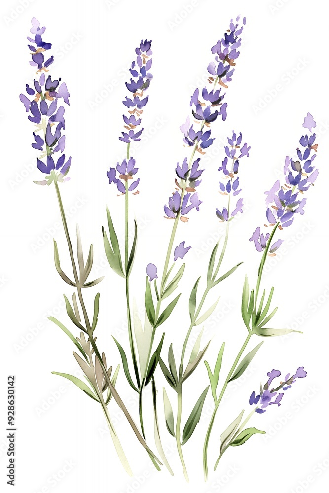 Naklejka premium Watercolor painting of purple lavender flowers with green stems on a white background.