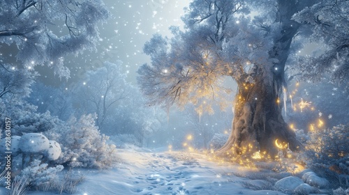 Enchanted winter forest with glowing lights and falling snowflakes