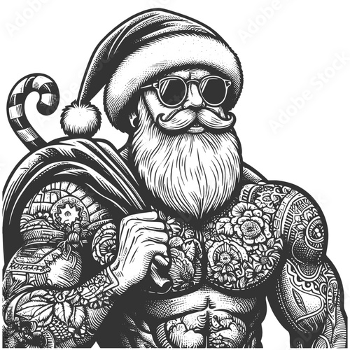 tattooed Santa Claus wearing sunglasses, traditional and modern elements sketch engraving generative ai fictional character vector illustration. Scratch board imitation. Black and white image.