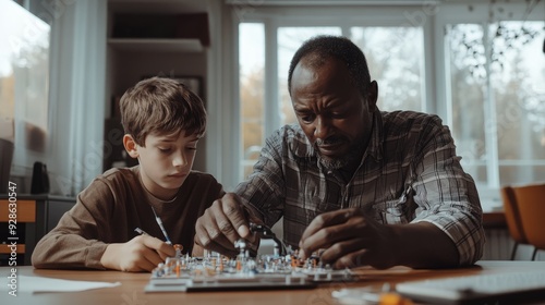 In a cozy living room, an African father assists his Caucasian teenage son with a challenging science project.