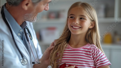 A doctor is using hands and steady pressure to palpate a girl's abdomen, demonstrating the concept of preventive health care for children.