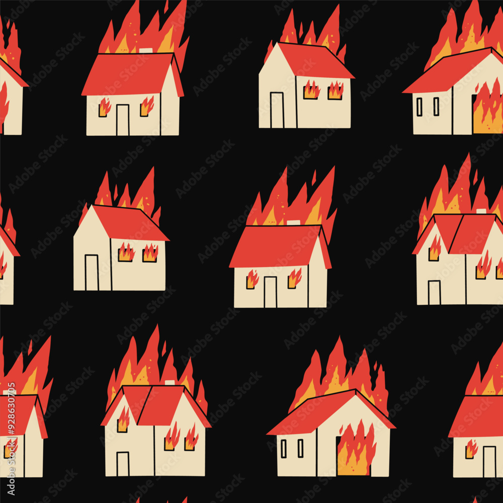 Set of Burning houses. Little buildings on fire. White house with red roof with flame. Loss of housing, disaster, insurance, damage concept. Hand drawn Vector illustration. Square seamless Pattern Set of Burning houses. Little buildings on fire. White house with red roof with flame. Loss of housing, disaster, insurance, damage concept. Hand drawn Vector illustration. Square seamless Pattern
