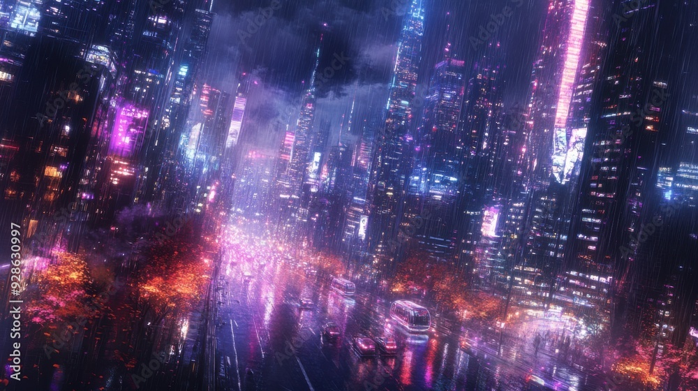 Fototapeta premium Vibrant futuristic cityscape at night with neon lights in the rain.