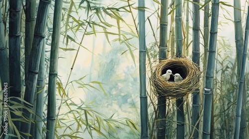 In the gentle sway of a bamboo grove, birds are nesting, their nests hidden among the tall, slender stalks. photo