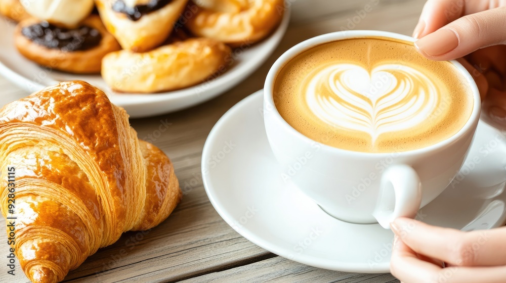 A woman enjoys a latte macchiato with a heart design and a delicious croissant, surrounded by an array of fresh pastries at a charming café A woman enjoys a latte macchiato with a heart design and a delicious croissant, surrounded by an array of fresh pastries at a charming café
