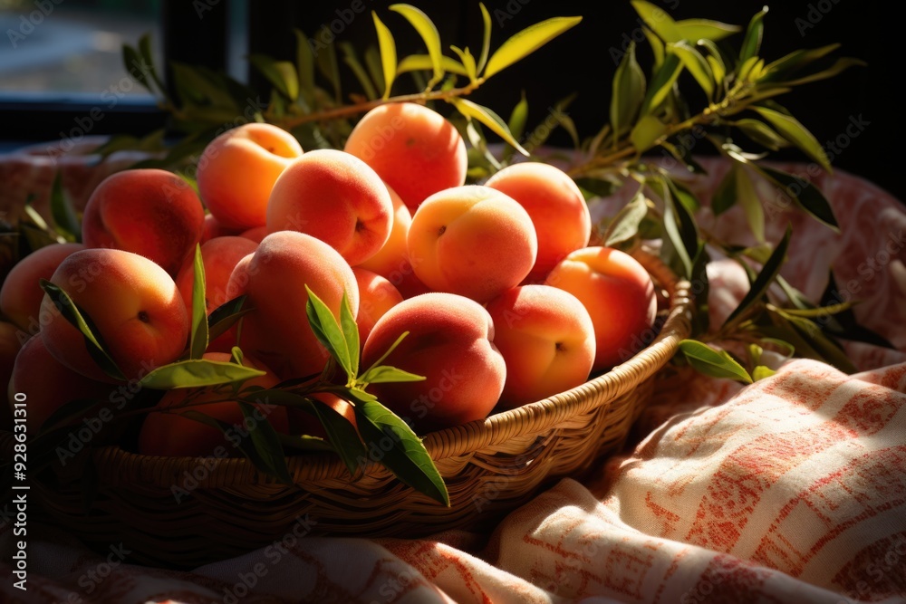 Side view of fresh and peach ripe nectarins on the checked fabric table, generative IA Side view of fresh and peach ripe nectarins on the checked fabric table, generative IA