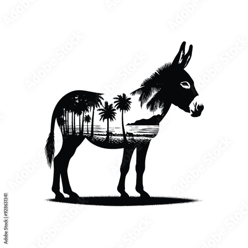 silhouette of Donkey filled with ocean beach view with palm tree in rough drawing,
