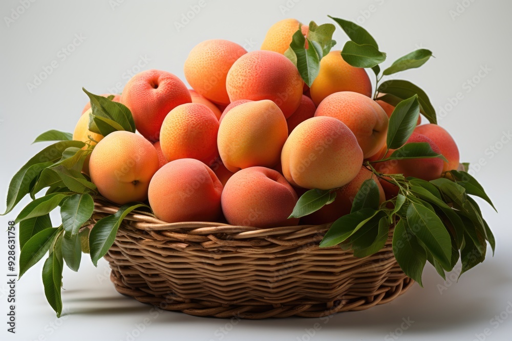 Superior view of fresh and peach mature nectarins in a wicker basket in white ba, generative IA Superior view of fresh and peach mature nectarins in a wicker basket in white ba, generative IA