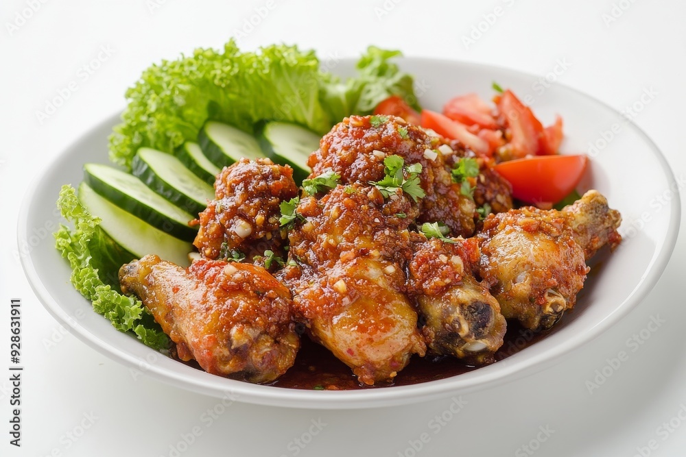 Chicken with Fermented Shrimp Paste Sambal, isolated on white background Chicken with Fermented Shrimp Paste Sambal, isolated on white background