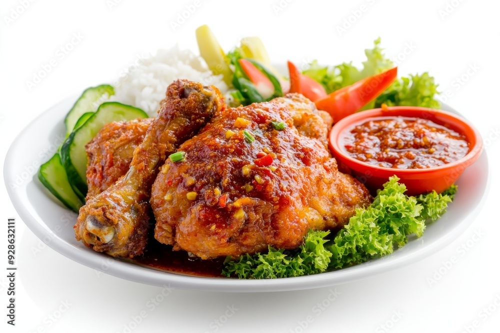 Chicken with Garlic Sambal, In this variation, the fried chicken is served with sambal bawang, a chili paste made with garlic, providing a pungent and spicy kick. isolated on white background Chicken with Garlic Sambal, In this variation, the fried chicken is served with sambal bawang, a chili paste made with garlic, providing a pungent and spicy kick. isolated on white background