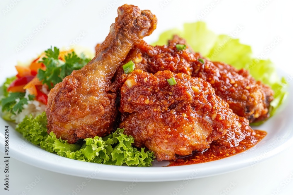 Chicken with Garlic Sambal, In this variation, the fried chicken is served with sambal bawang, a chili paste made with garlic, providing a pungent and spicy kick. isolated on white background Chicken with Garlic Sambal, In this variation, the fried chicken is served with sambal bawang, a chili paste made with garlic, providing a pungent and spicy kick. isolated on white background