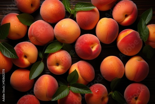 Upper view of the whole and half cut peach pattern on the wooden surface with a, generative IA photo