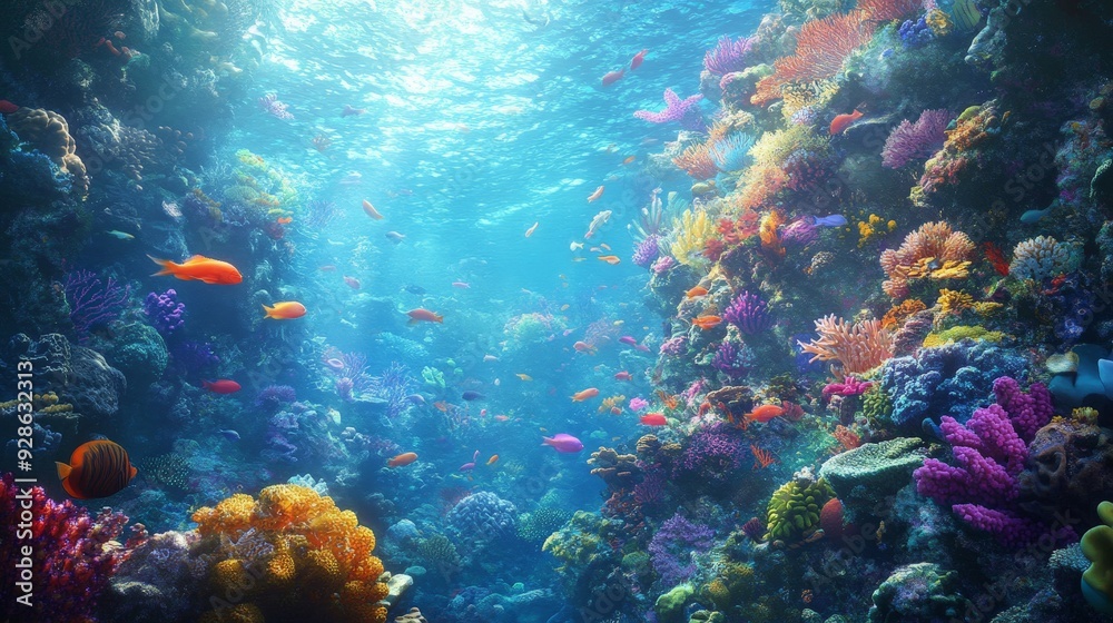 Fototapeta premium Picture a swim in a coral reef, the water teeming with vibrant fish and coral formations.
