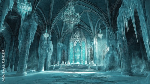 Majestic ice castle interior with chandelier in frozen fantasy scene
