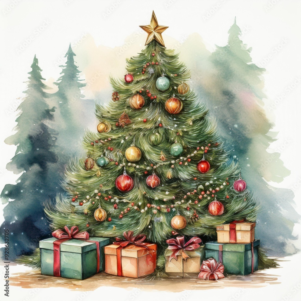 christmas tree with gifts watercolour illustration christmas tree with gifts watercolour illustration