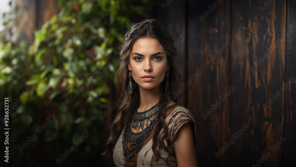 Elegant brunette model in ancient attire, exuding timeless beauty. Flawless skin, natural makeup, and captivating gaze. Studio shot with copy space. Ideal for historical and beauty campaigns Elegant brunette model in ancient attire, exuding timeless beauty. Flawless skin, natural makeup, and captivating gaze. Studio shot with copy space. Ideal for historical and beauty campaigns